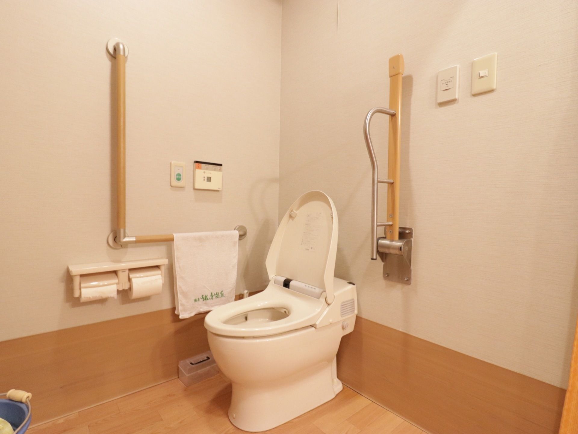 洋式便器があり、蓋が開いている。右壁にL字型の手すりがあり、タオルが下がっている。左側には、可動式の手すりがある。