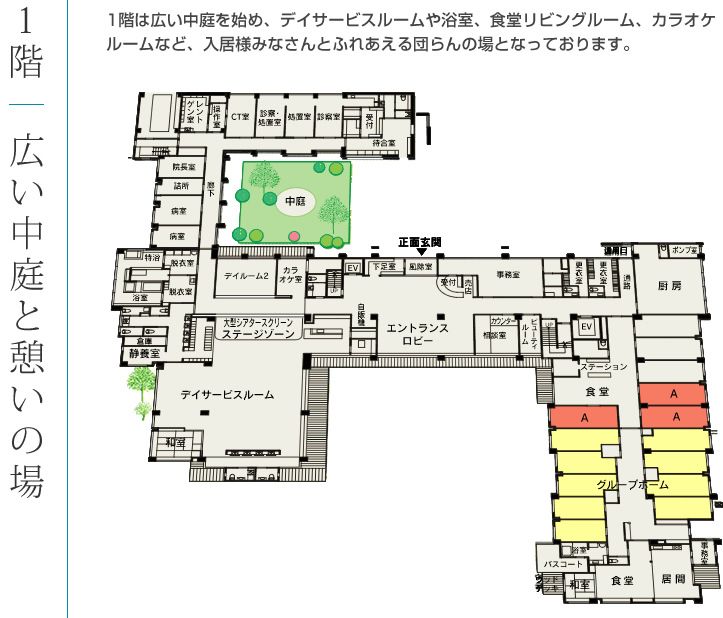 ふくよかケアプラザ大平寺の森の1階のフロアマップ