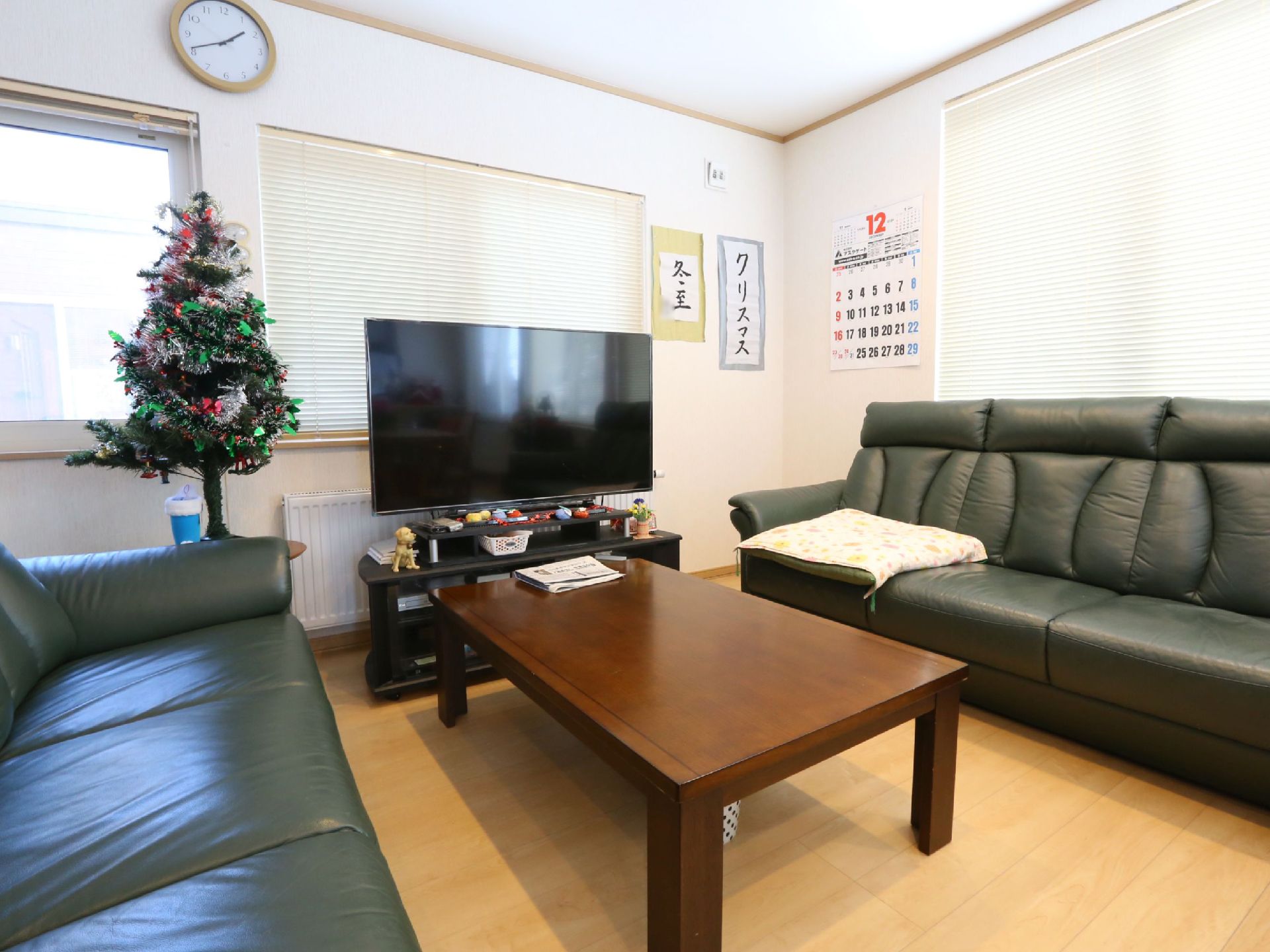 居間には、２台の深緑色の大きなソファがローテーブルを挟んで配置されている。大型テレビとクリスマスツリーが窓際に設置されている。