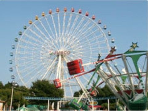 木々に囲まれた遊園地には一際目を引く大きな観覧車がある。その他には箱形の回転遊具などでも遊ぶことができる。