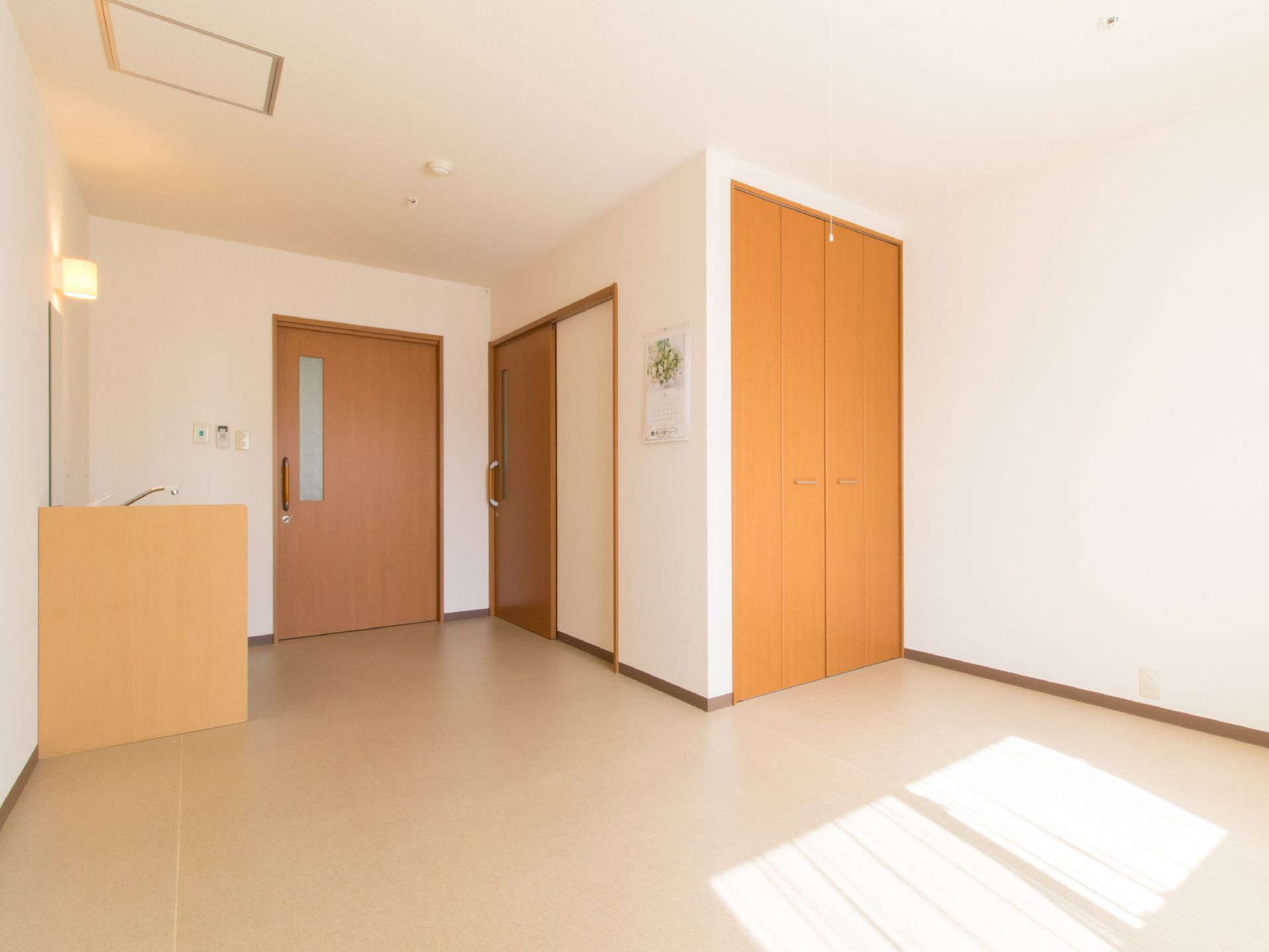 部屋のドアを入って、左側にトイレ、右側に洗面台がある。少し進むとトイレの向こう側にクローゼットの扉がある。