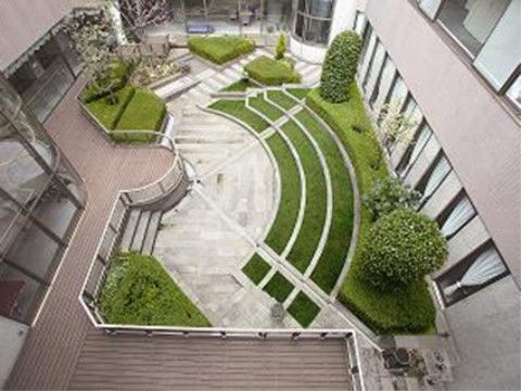 中庭の植物はきれいな形に植えられている。植物の緑を眺めながらの散歩は、入居者様のリフレッシュとなる。