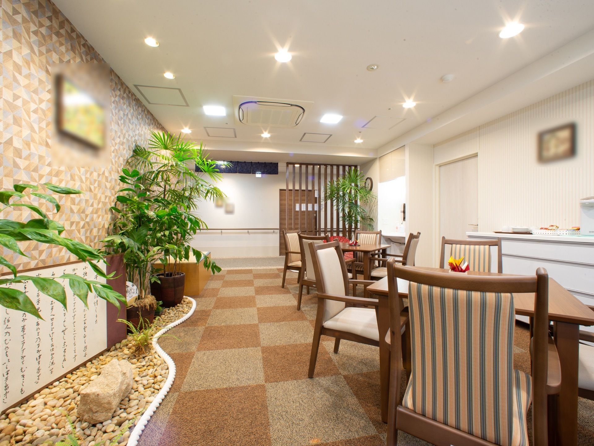 部屋の一角に石を敷き詰め、鉢植えの観葉植物を配置した共有スペース