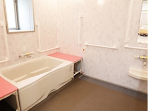 手すりや呼び出しボタンを備えた、窓のある明るい浴室