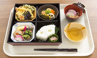 天ぷらの盛り合わせと野菜の煮物、ミニうどんとごはんのセット