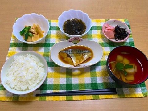 主菜にサバの味噌煮、副菜に野菜やもずく酢の小鉢が用意された食事