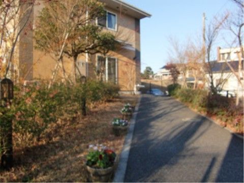数種類の庭木が植えられている施設の敷地内に設けられた遊歩道