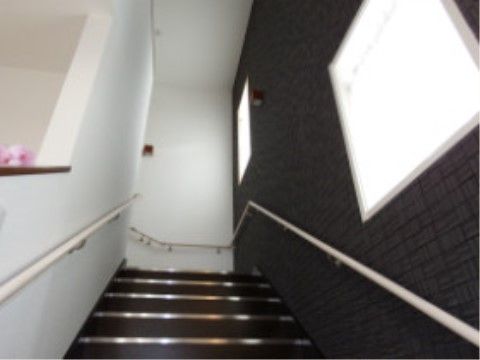 両サイド壁に沿って手すりが取り付けられている館内の階段
