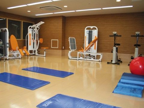 落ち着いた色合いの室内には、リハビリするための器具やバランスボールがある。青色のマットレスも用意されている。