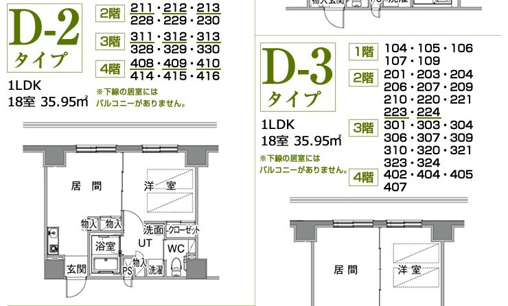 サービス付き高齢者向け住宅 ゆうゆうじてき月寒公園のⅮ2タイプ・Ⅾ3タイプの間取り図