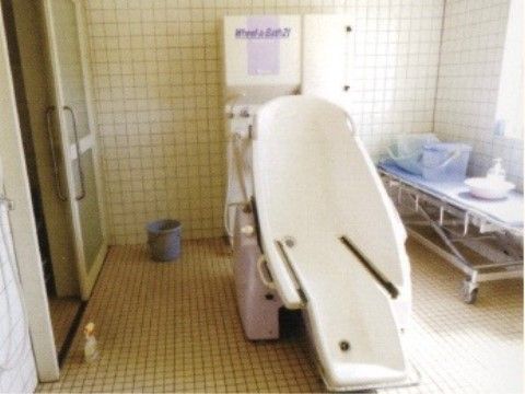 介護浴槽の浴槽本体は斜めになっている。そこに入居者様が座る状態になり、浴槽がゆっくりと倒れ湯船につかることができる。