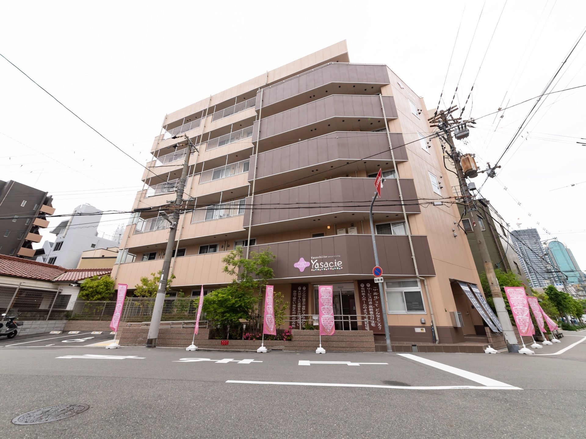 茶色をベースに、ベランダの一部分はこげ茶で落ち着いた印象のある外観である。建物の周りにはのぼりが多く立てられている。