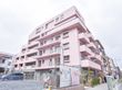 一階部分を除き、他建物は全体が薄めのピンク色です。バルコニーが設置してあり、ストライプのフェンスがある。駐車場場完備している。
