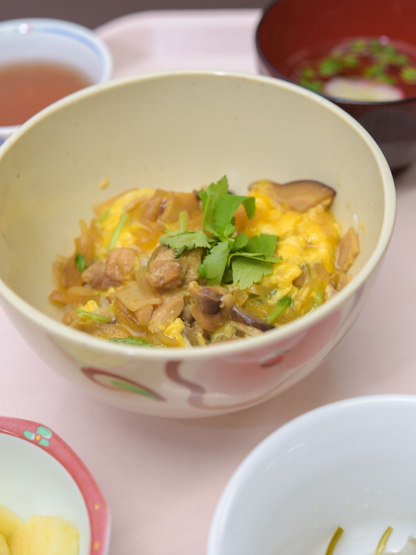この日の食事の内の一品。しいたけ、鶏肉と玉ねぎの卵とじ。上には三つ葉がトッピングされている。料理の器は割れにくいものを使っている。