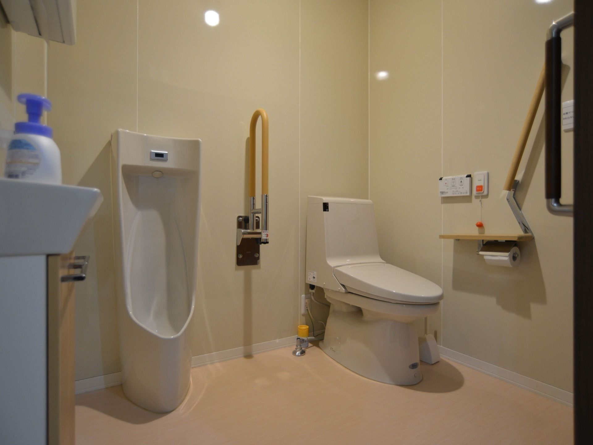 引き戸を開けると広々としたスペースのあるトイレになっている。男性用便器もあるので、立ち上がる動作がしんどい方は立ったまま用が足せる。