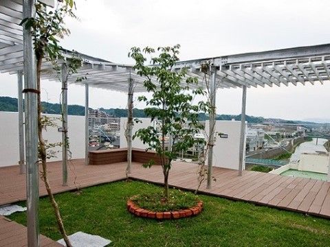 木が植えられ、ウッドデッキのある眺望の良い屋上庭園