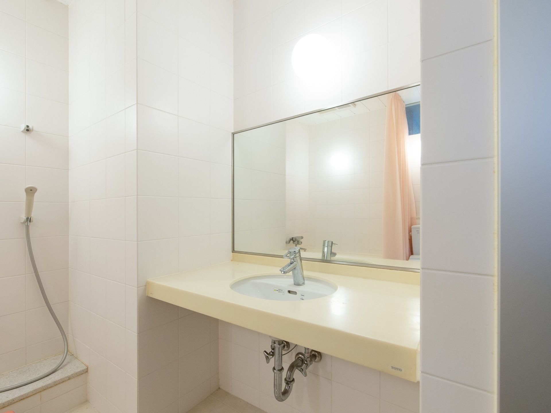 浴室とトイレを兼ねた部屋に洗面台が設置されている。正面の壁には、横に長い形の大きな鏡が取り付けられている。