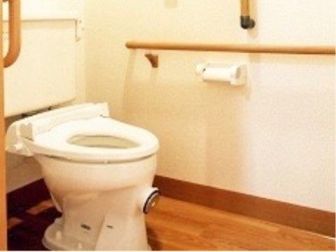 広々とした空間に設置された、手すりも完備の洋式トイレ