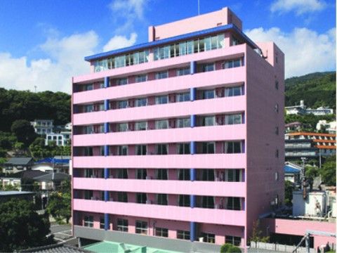 印象的なピンクの壁色で統一された９階建ての大きな建物