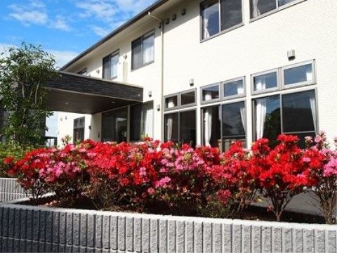 ２階建ての横に長い建物である。施設前には花壇が設置され、つつじが植えられている。赤い花がきれいに咲いている。