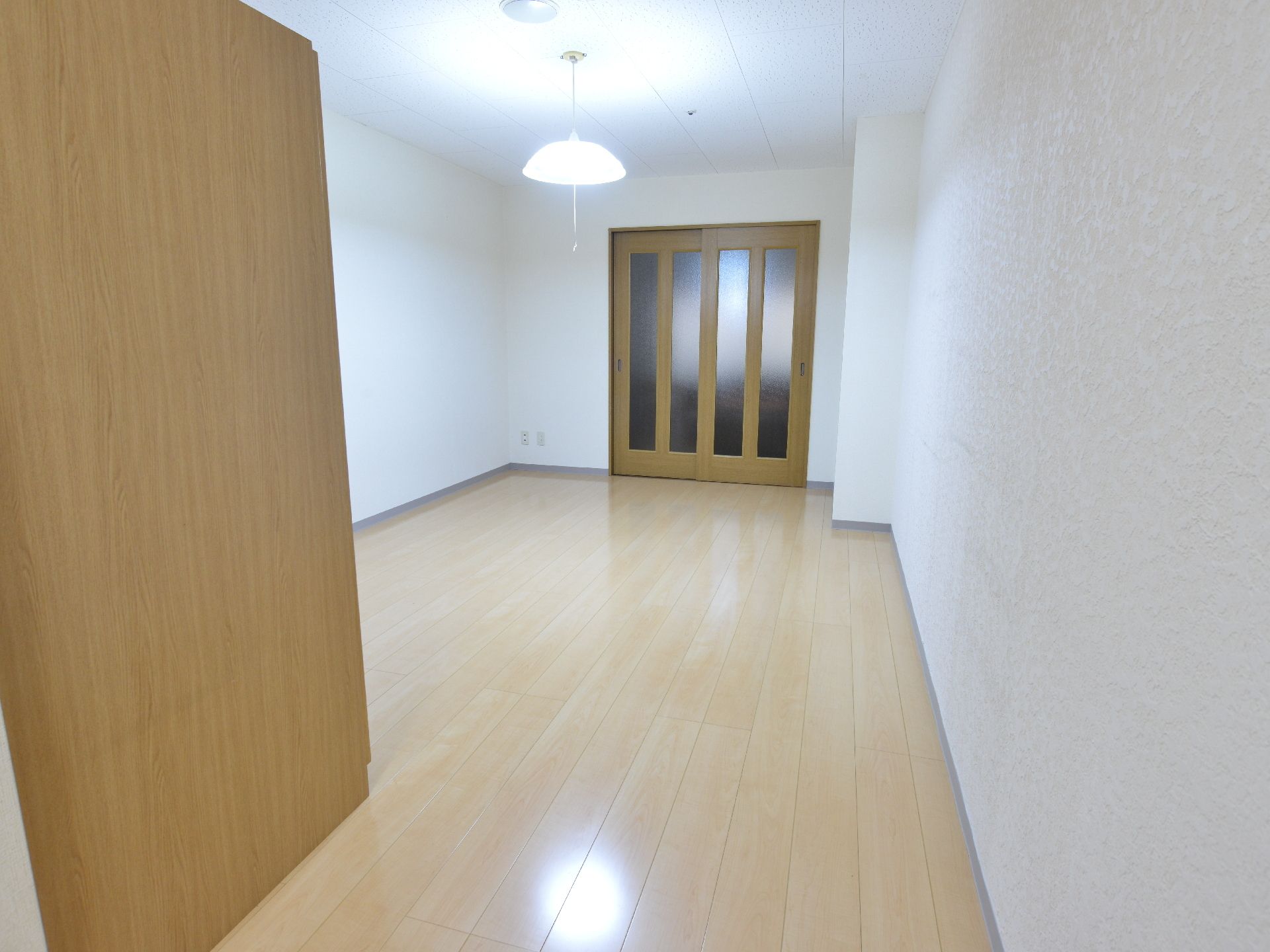 部屋全体がフローリングになっている。家具は置かれていない。紐がぶら下がった電気がある。壁にはコンセントもある。