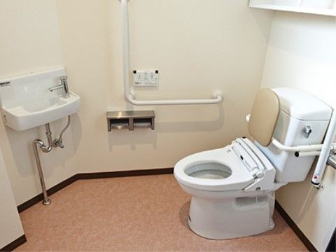 洋式トイレの個室であり、洗面所が併設されている。便座には背もたれが備わっており、壁にはL字型の手すりがある。