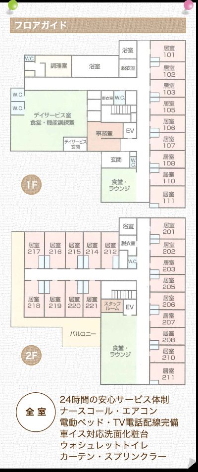 ケアホーム夢来人の1～2Ｆのフロアマップ