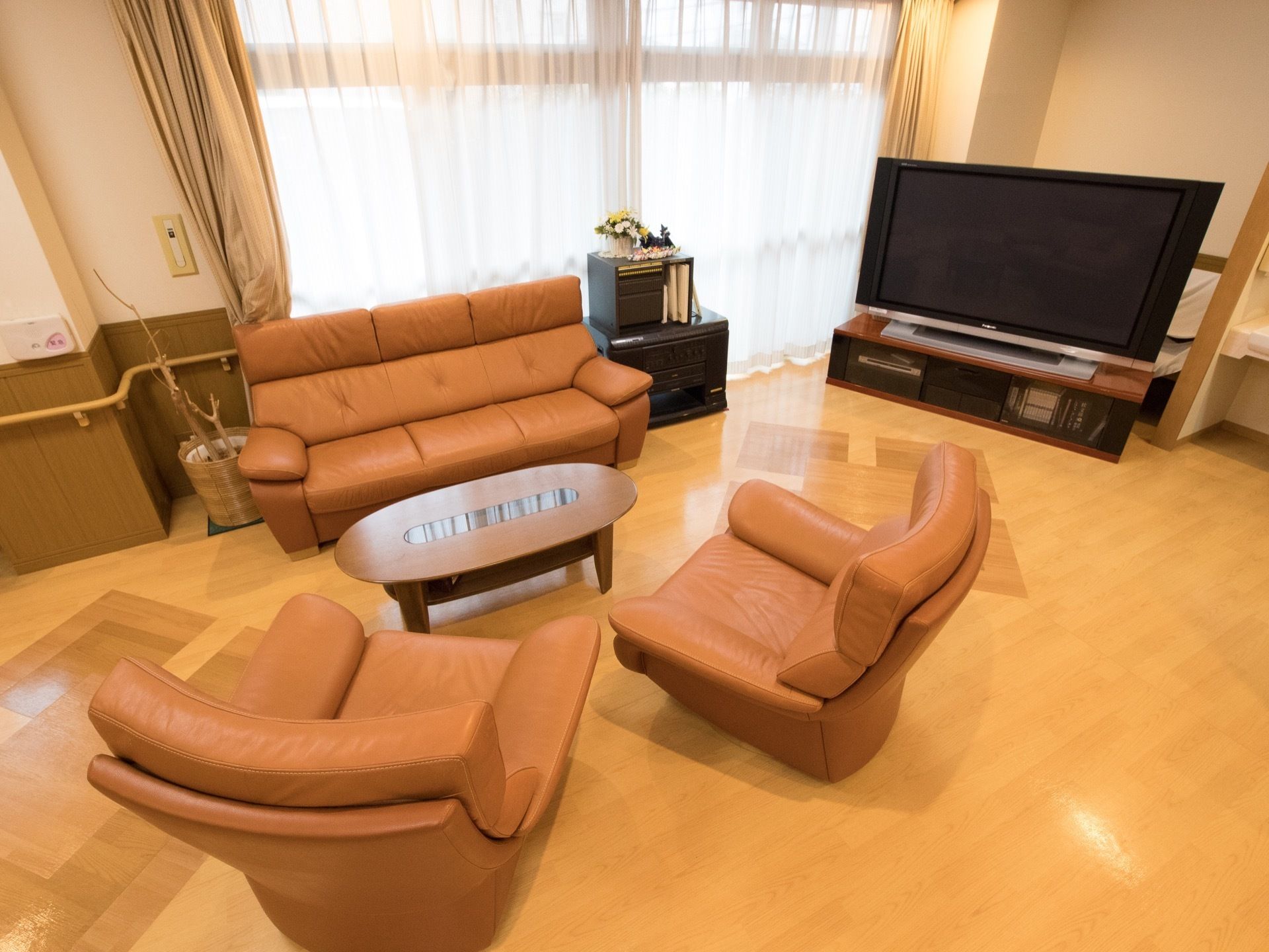 ソファセットの横には小さな棚に花が飾られている。液晶大型テレビが置かれている。壁際には観葉植物の鉢植えが飾られている。