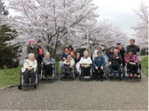 車椅子での外出で、桜の木の下で揃って写真に納まる入居者の皆さん