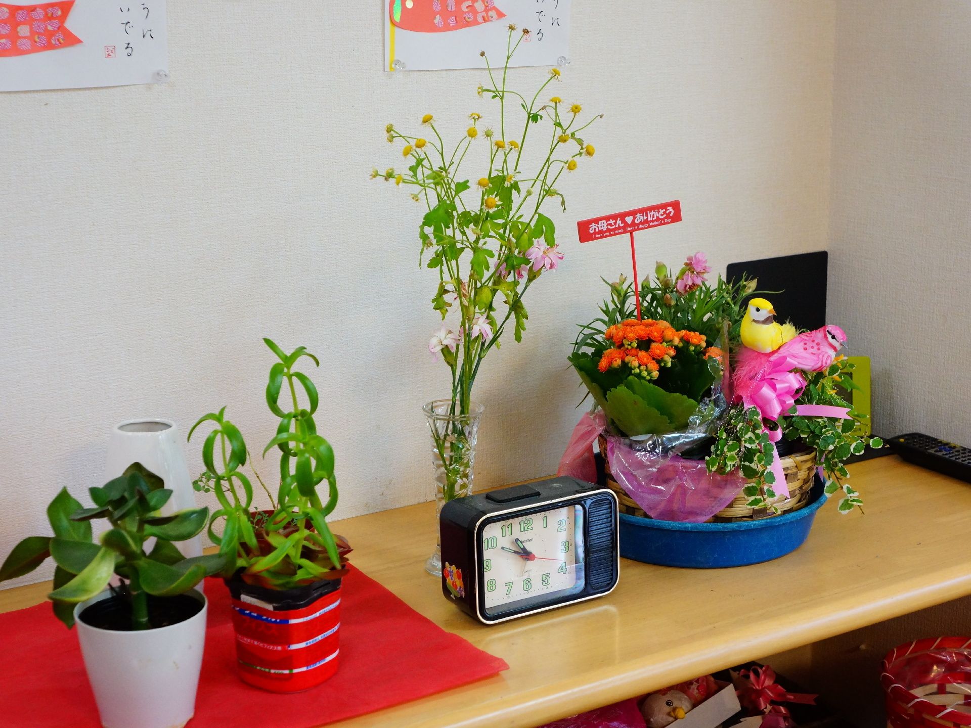 リモコンがある棚には植木鉢やポット、花瓶に入った植物や花が飾られている。一番大きな植物にはお母さんありがとうと書かれたピックが刺さっている。