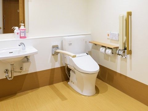 白い壁と木目の床の広々とした室内に、洋式トイレと洗面台が設置されている。壁に可動式の手すりが取り付けられている。