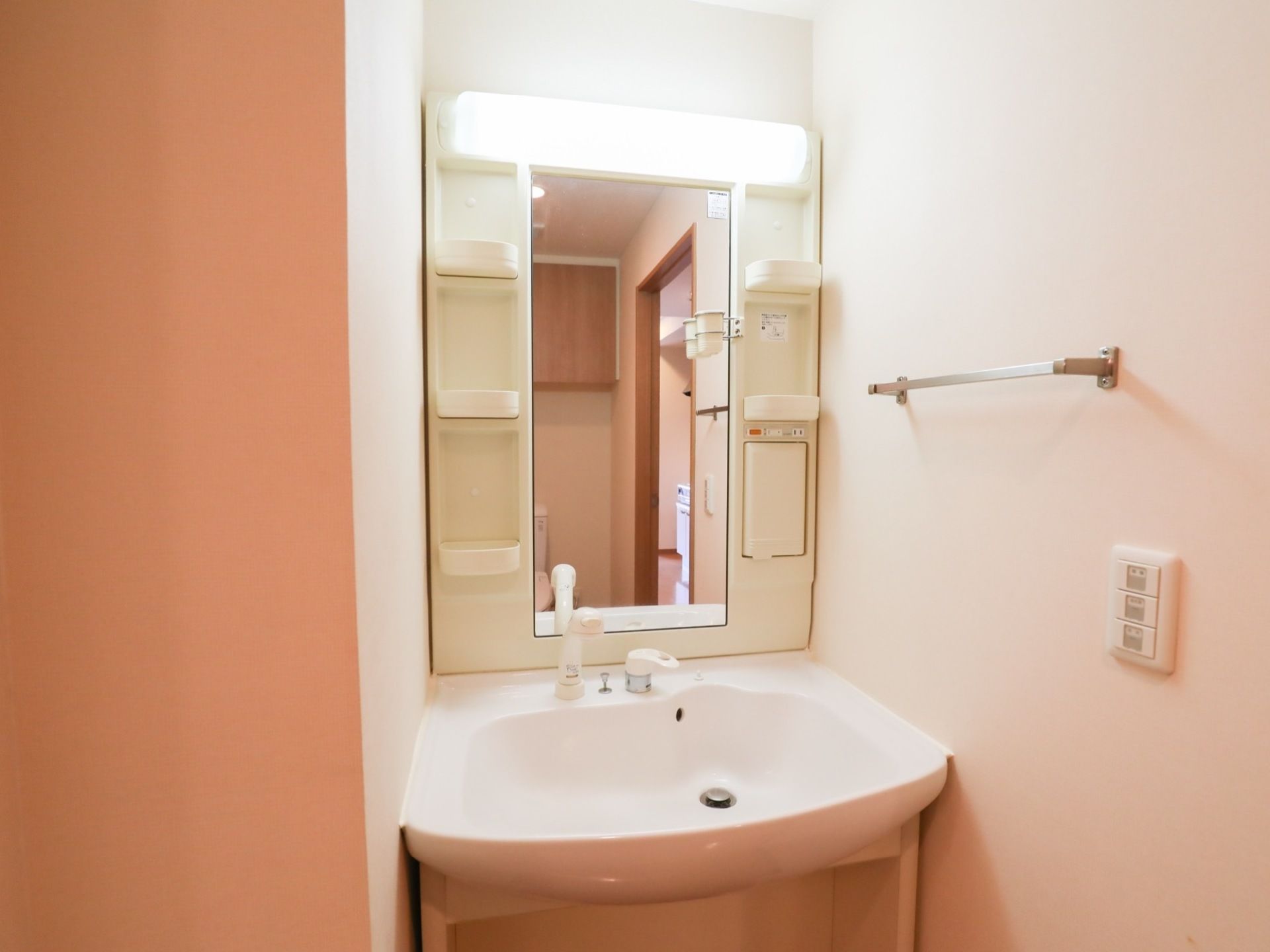 鏡のついた洗面台が設置されている。レバー式の蛇口で、シャワーヘッドから水が出るようになっている。タオル掛けもある。