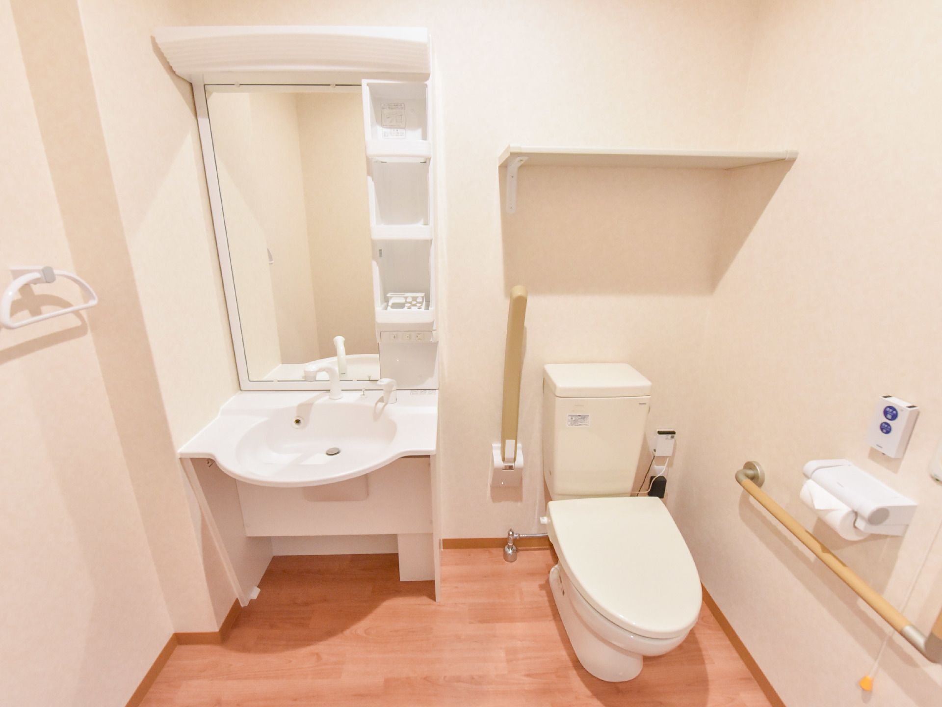 フラットなフロアにトイレと洗面スペースが並べられている。間にある手すりは必要に応じて下げて使う折り畳み式である。