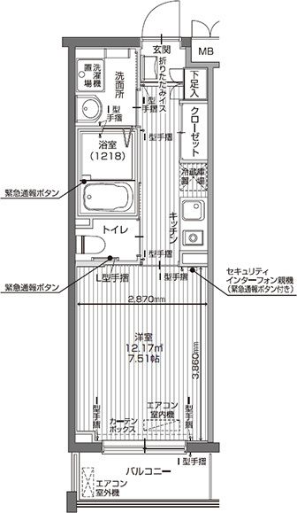アイリスガーデン昭島 昭和の森の1K（Aタイプ）の間取り図