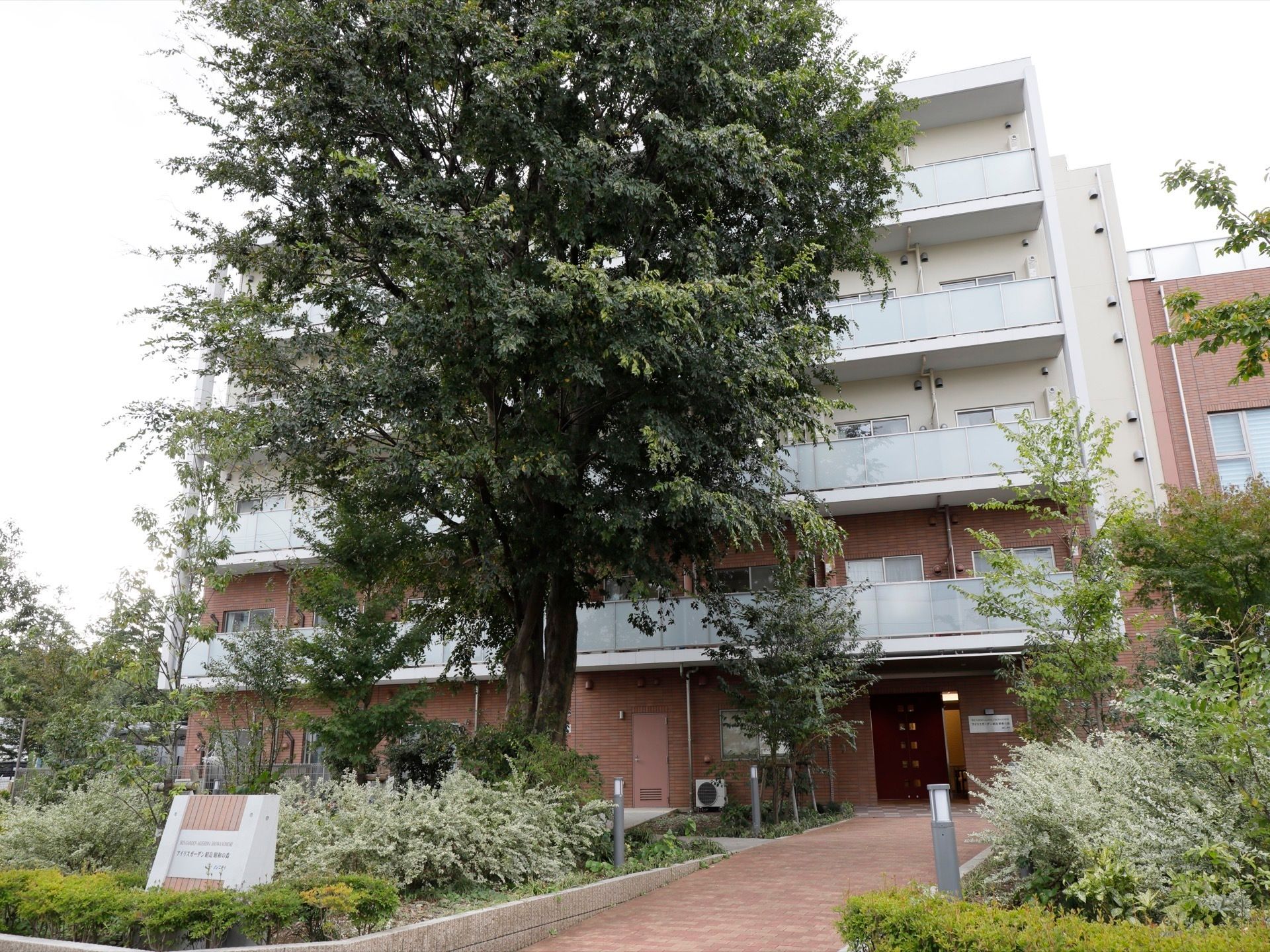 マンションのような外観の施設で、5階建ての施設の建物と同じ高さの植栽が目を引く。緑の葉が生い茂る植栽が多く植えられている。