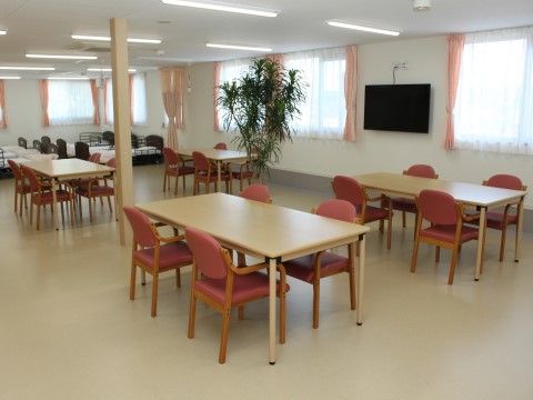 椅子とカーテンがピンク色で統一された、テレビ付きの広い食堂