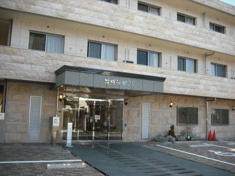 エントランスへと続くアプローチは黒タイル、壁は石壁風の3階館建物