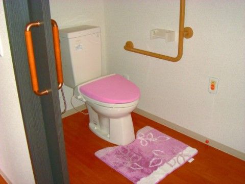 L字型の手すりが壁に付いているトイレ。フタとトイレマットがピンク色で揃えられており、華やかさが感じられる。
