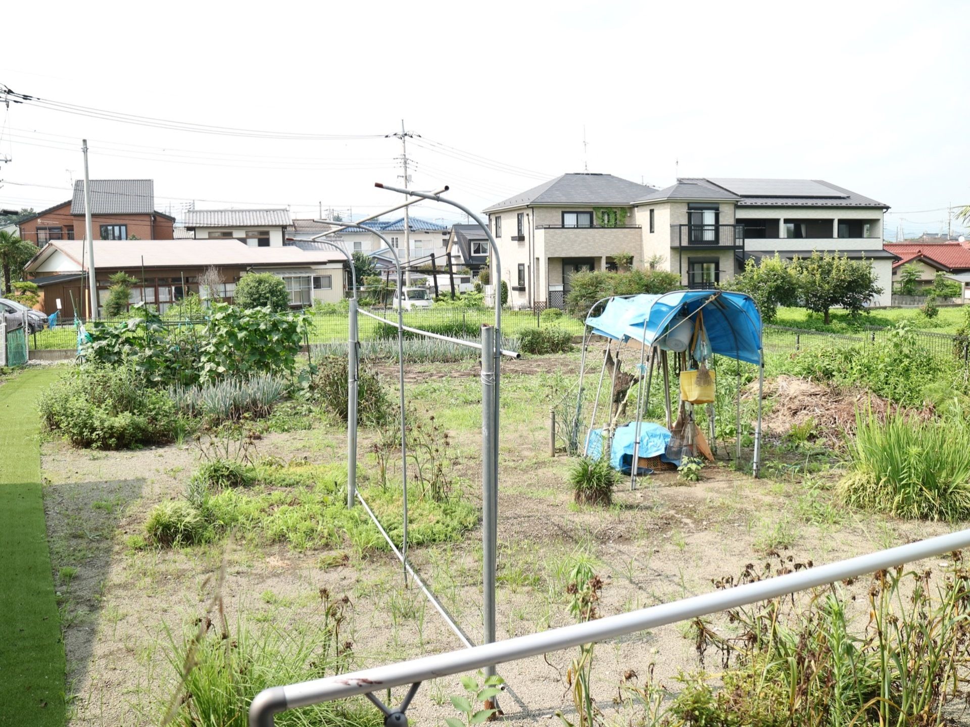 施設の敷地の一角に大きな庭が設けられており、家庭菜園になっている。中央に農機具が置かれ、奥には近隣の住宅街が見えている。