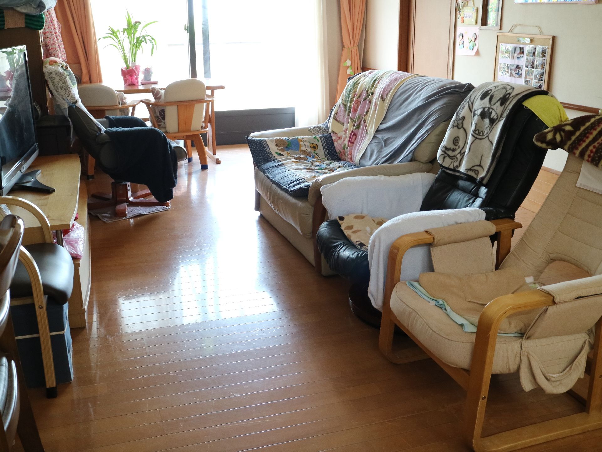 様々な種類のソファーとひざ掛けが置かれたテレビのあるリビング