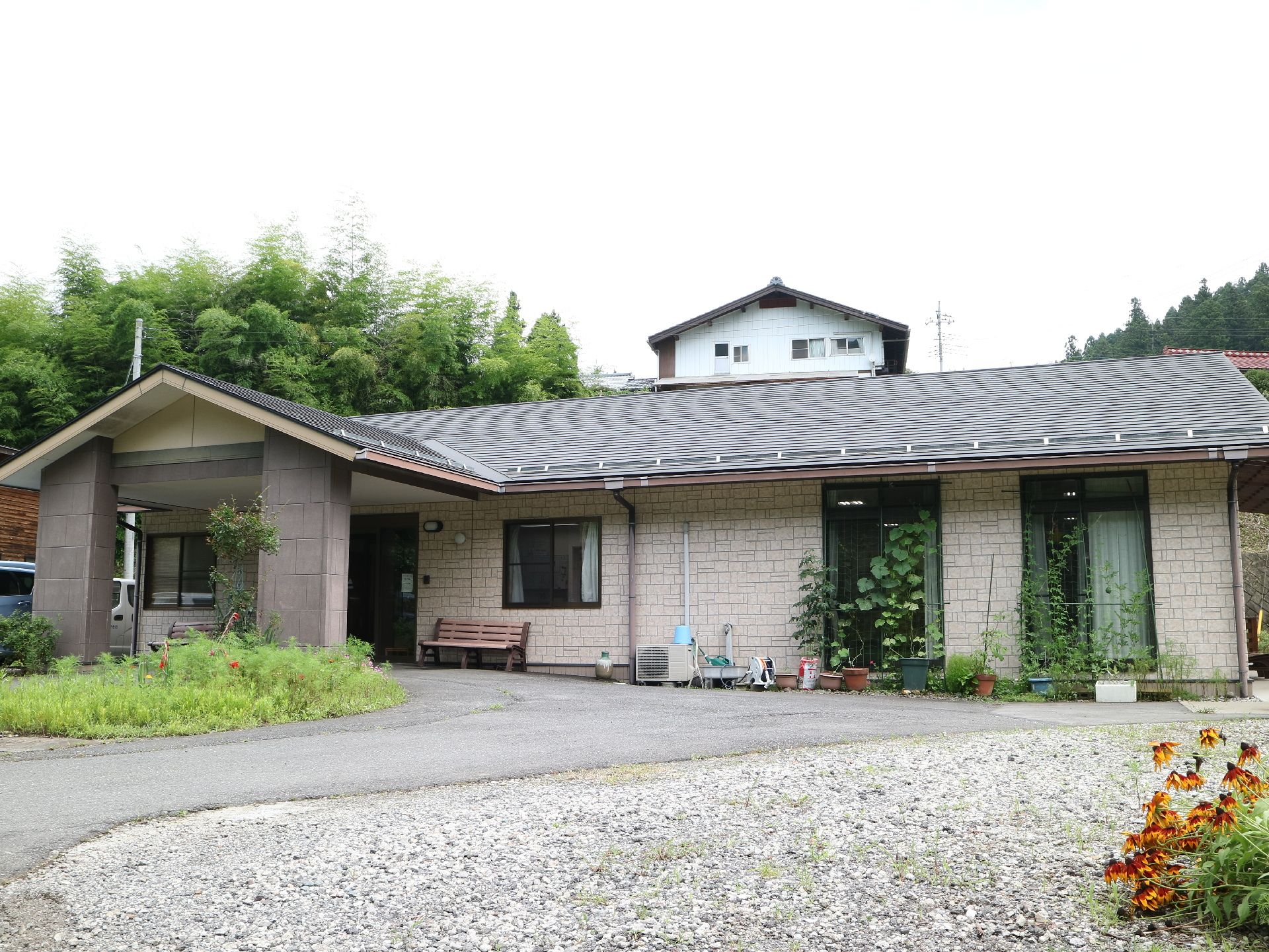 窓の前にツル性の植物が植わっており、玄関前にひさしのある平屋の建物