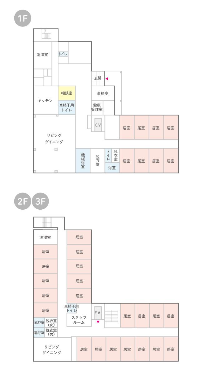 はなまるハウス若松町の1～3Ｆのフロアマップ