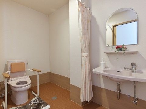 背中にあたる部分にはクッション、両脇には手すりが設置されたトイレ。ドアはなく、仕切りのカーテンが束ねられている。