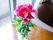 休憩スペースのテーブルに置かれた鮮やかなピンク色の花の画像。所々に置かれた花は入居者さんの心の癒しとなっている。