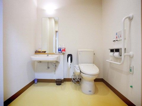 広々としたトイレスペースである。便器の両側に手すりを設置している。横側に備えた洗面台の鏡の上部に照明を取付けている。