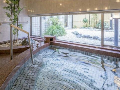 温泉のように広い浴槽があり、入りやすいように二段になっている。手すりが設置されており、危険性を少なくしている。