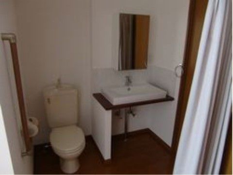 扉はなくカーテンで仕切る。トイレの脇には縦長の手すりがある。洗面台は下が空いており、車椅子でも利用しやすい。
