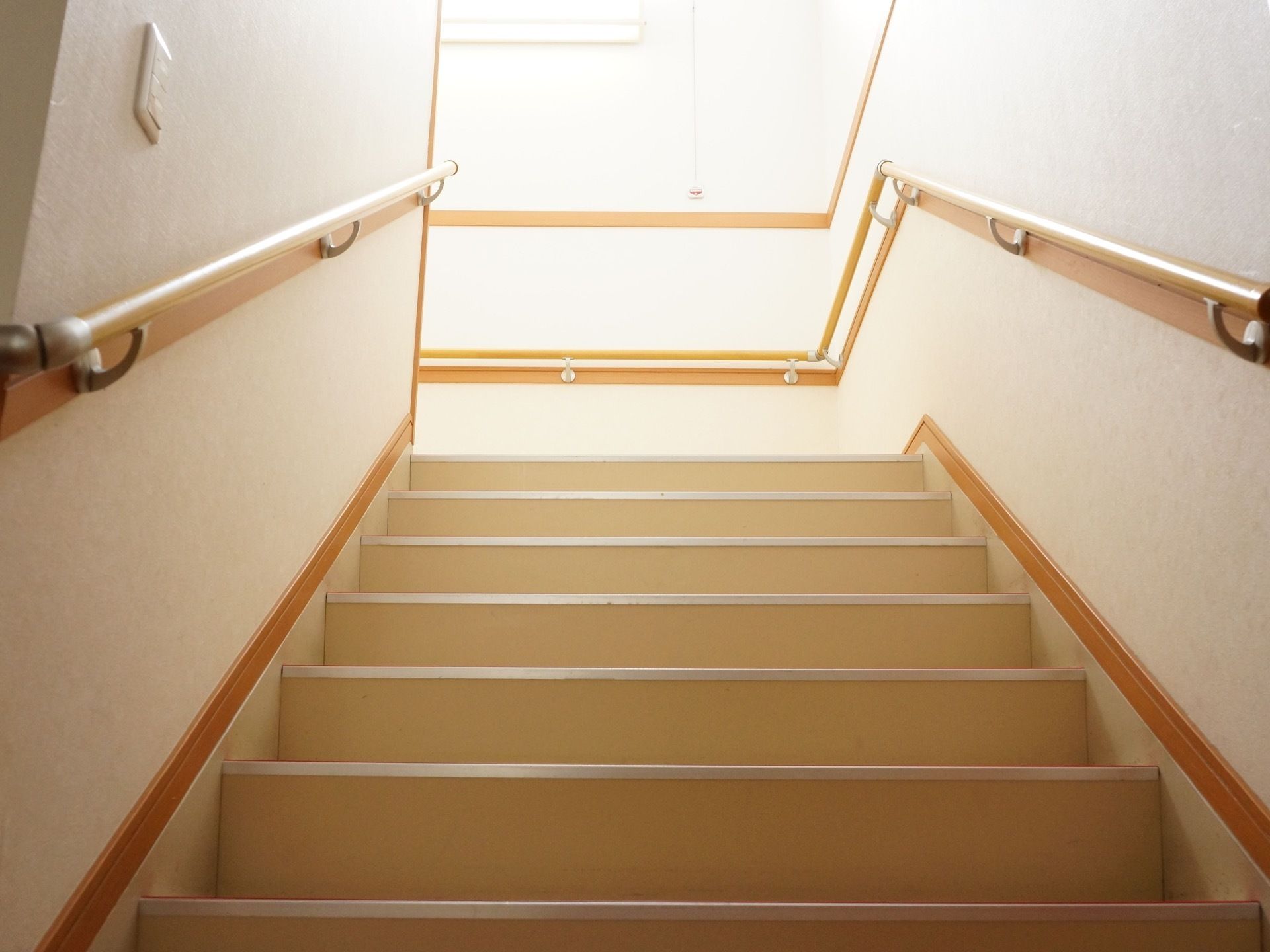 通路幅が広い階段である。壁には手すりが備わっている。階段の踏み面には滑り止めのゴムが取り付けられている。