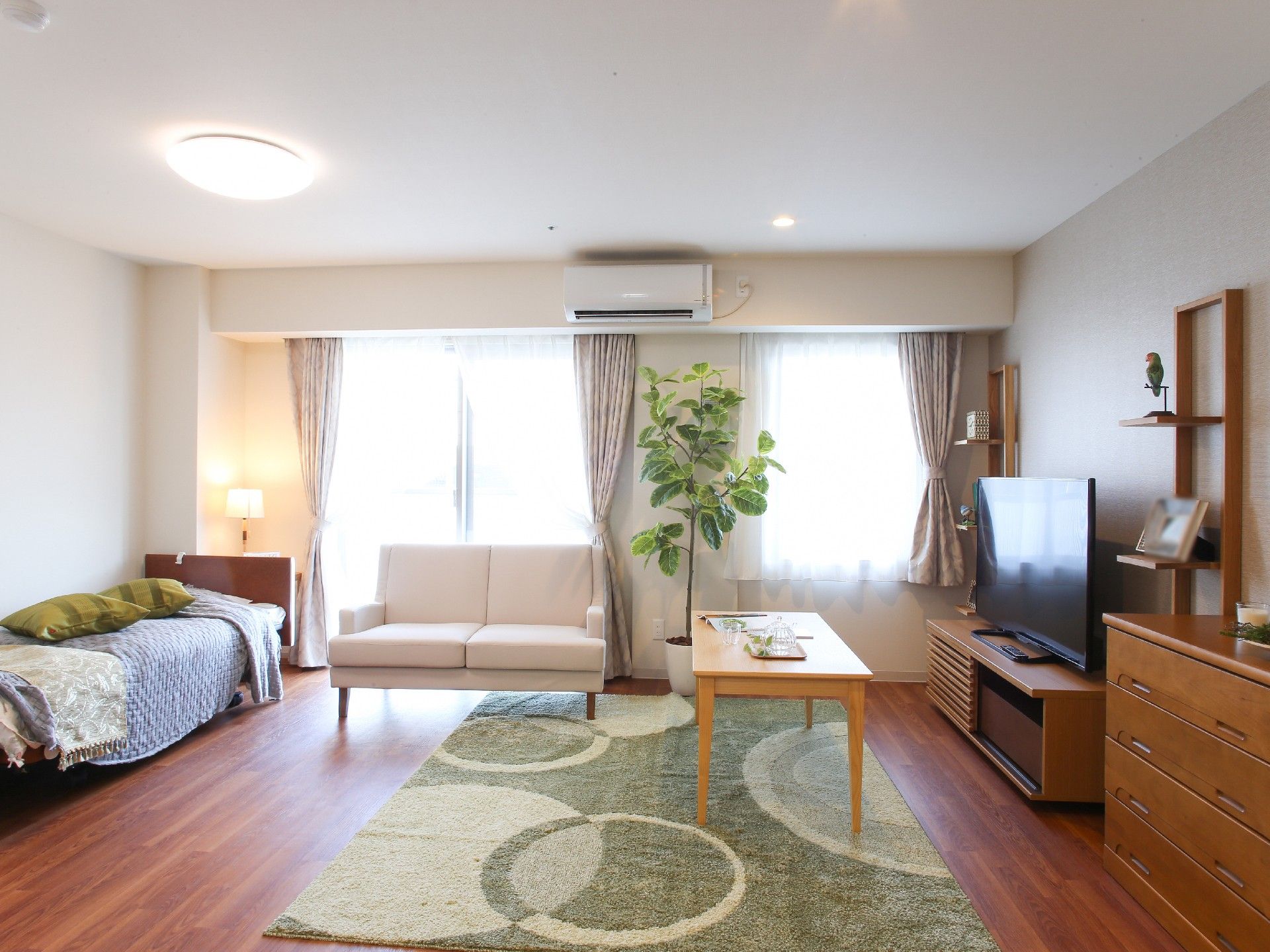 ベッド、テレビ、ソファなどの家具が置かれた広い居室