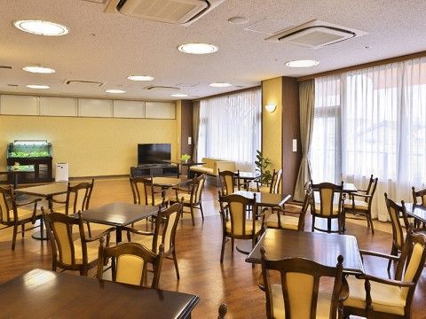 ダイニングセットの座面と背もたれが薄いからし色で、部屋の壁と同じ色で統一している。片側が窓で部屋は明るい。